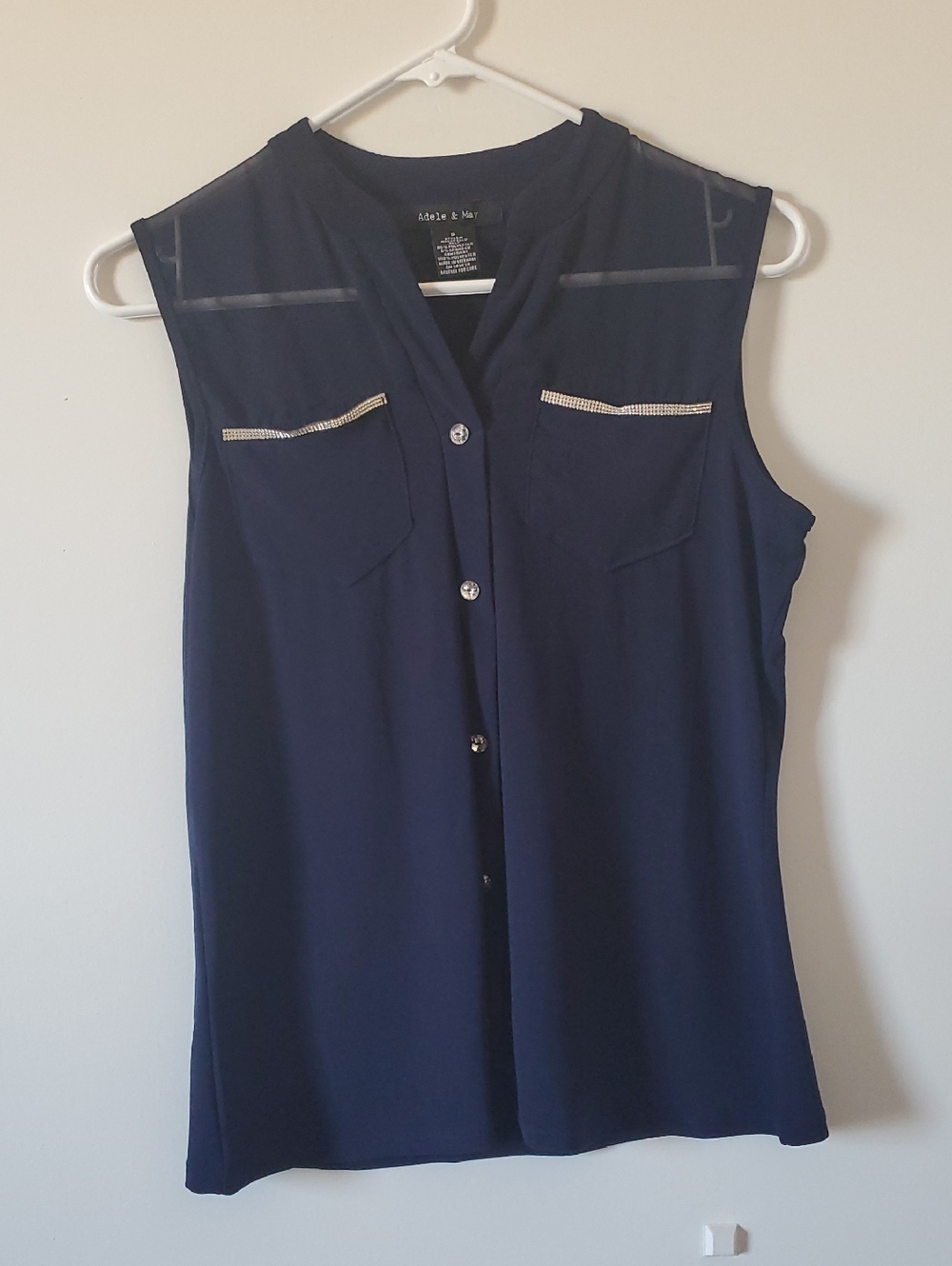 Adele&May Womans Navy Sleeveless Button Front Blouse with Rhinestone Trim Pocket